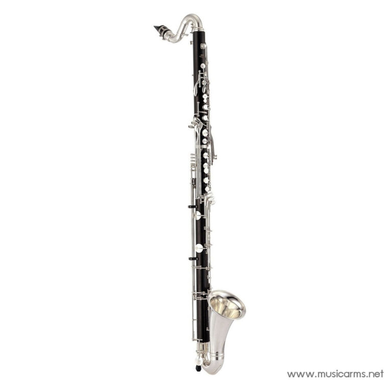 Bass clarinet standing upright on a white background, showing a curved neck and silver keys ขายราคาพิเศษ