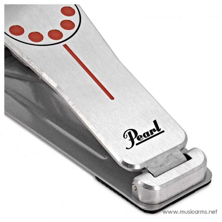 Pearl kick drum pedal with brushed metal surface and red markings, shown at an angle. ขายราคาพิเศษ