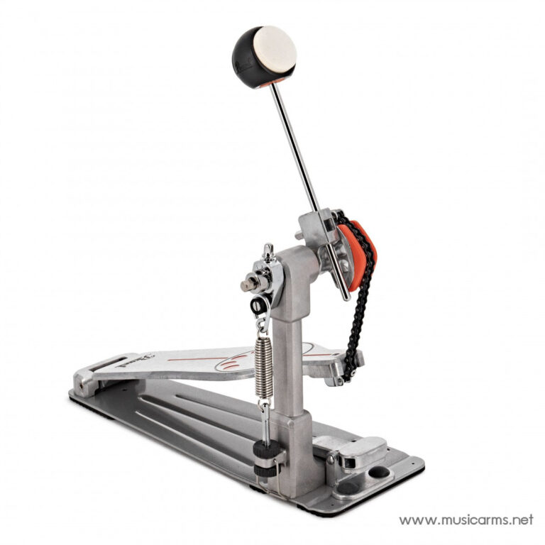 Bass drum pedal with beater, chain drive, and spring on a metal base. ขายราคาพิเศษ