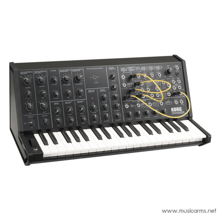 Korg synthesizer with yellow patch cables connected across knobs and jacks on a dark panel, keyboard visible ขายราคาพิเศษ