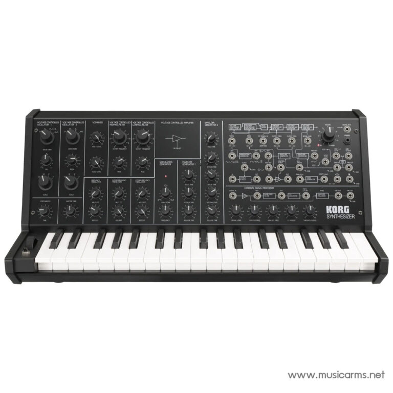 Front panel of a Korg synthesizer showing many knobs, patch panels, and a full keyboard layout. ขายราคาพิเศษ