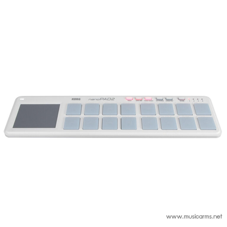 Korg nanoPAD2 MIDI controller with 16 light-blue percussion pads and a large touch strip on white chassis. ขายราคาพิเศษ
