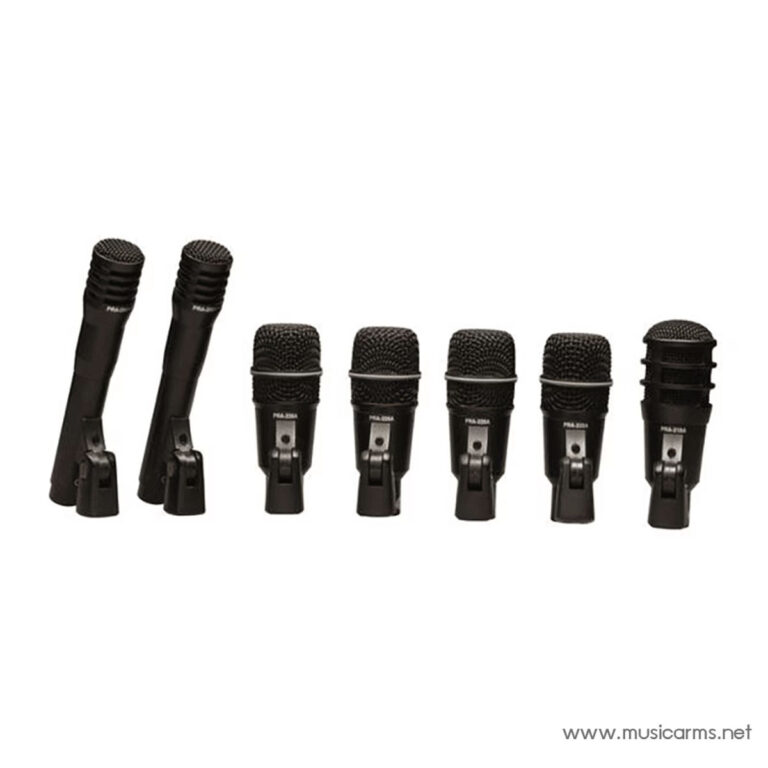 Row of six black handheld microphones with clips on stands lined up on a white background ขายราคาพิเศษ