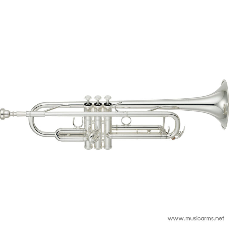 Silver trumpet laid horizontally on a white background, showing valves and tubing clearly ขายราคาพิเศษ