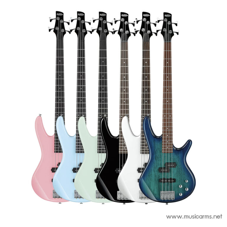 Row of eight electric bass guitars in pastel to teal finishes (pink, blue, mint, black, white, and blue-green) with dark necks, lined up side by side. ขายราคาพิเศษ