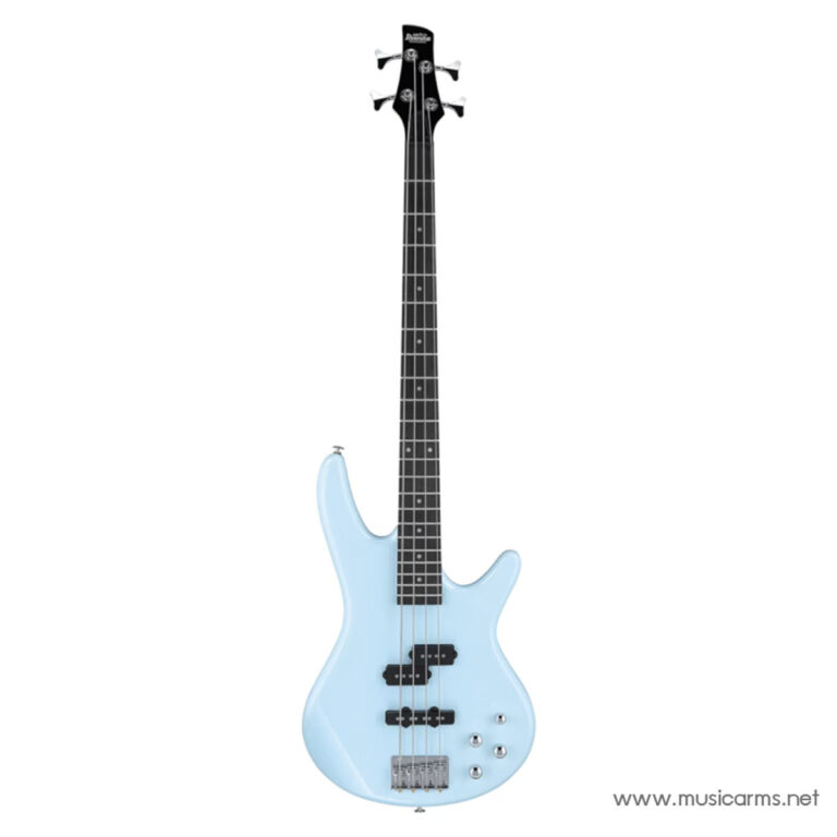 Light-blue electric bass guitar with a black neck, four strings, two pickups, and multiple control knobs. ขายราคาพิเศษ