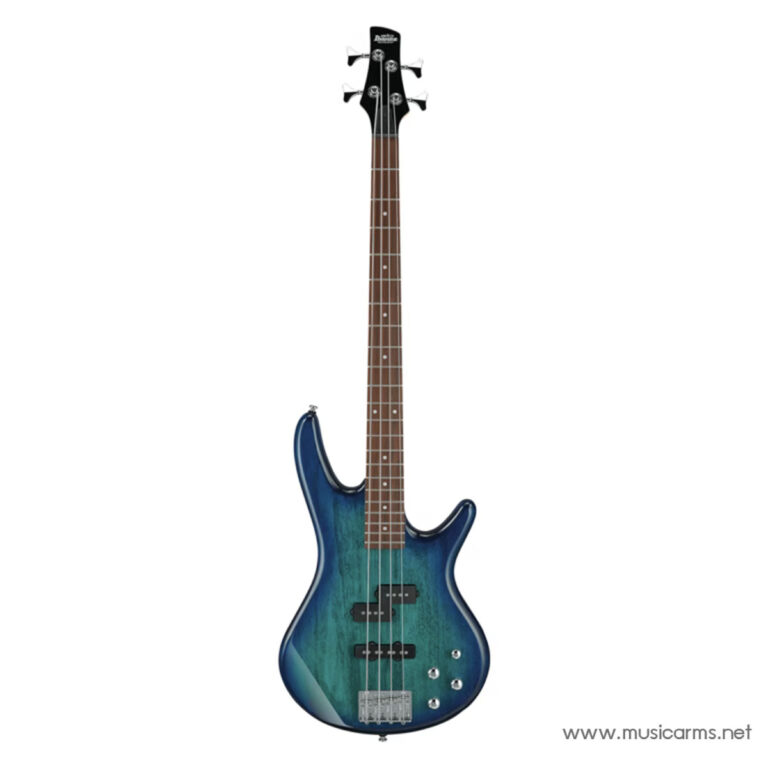 Blue-green electric bass guitar with a brown fretboard and four strings on a white background. ขายราคาพิเศษ