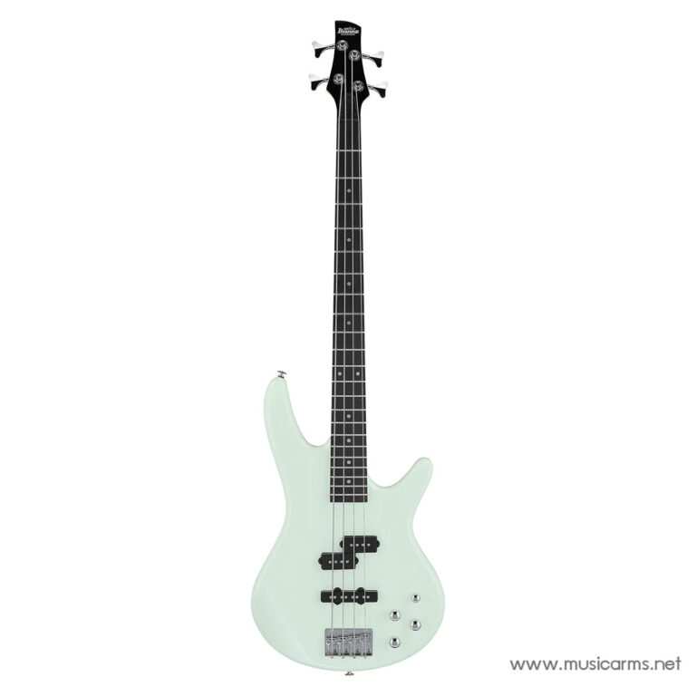 Mint green electric bass guitar with two black pickups, black neck, and chrome hardware on a white background ขายราคาพิเศษ