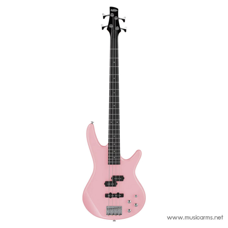 Pink electric bass guitar with a black fretboard, two pickups, and chrome hardware; headstock shows four tuners and brand logo; white background. ขายราคาพิเศษ