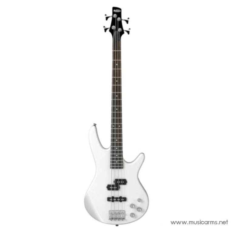 White electric bass guitar with four strings, black pickups, and multiple control knobs on a white body against a light background. ขายราคาพิเศษ