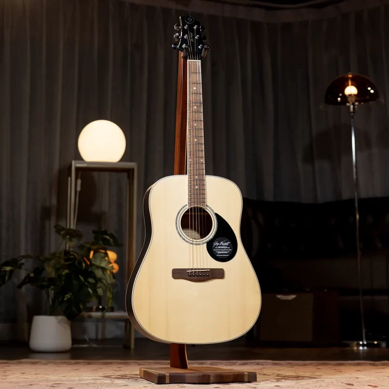Acoustic guitar on a stand in a dimly lit room with a warm table lamp and plants in the background ขายราคาพิเศษ