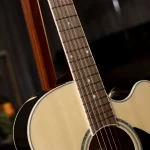 Close-up of a light acoustic guitar neck and fretboard with metal strings and dot inlays on a dark background. ขายราคาพิเศษ