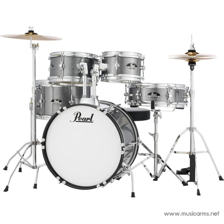 Pearl drum kit with bass drum, two mounted toms, a floor tom, snare, and chrome hardware, plus cymbals on stands against a white background ขายราคาพิเศษ