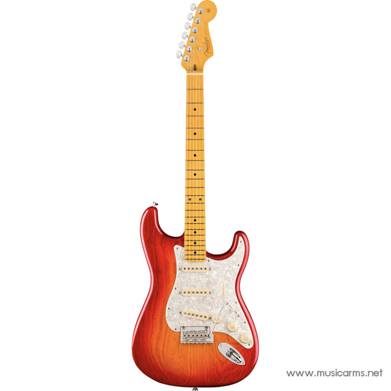 Red sunburst Fender Stratocaster electric guitar with maple neck, white pearloid pickguard, three single-coil pickups and tremolo. ขายราคาพิเศษ