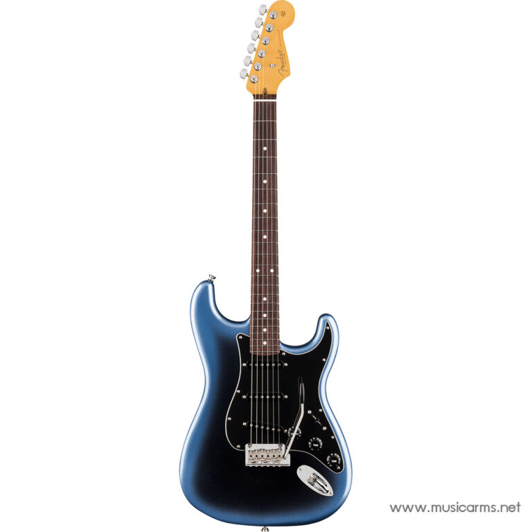 Blue electric guitar with a dark pickguard and chrome hardware, shown from the front with a maple neck and six-string setup. ขายราคาพิเศษ