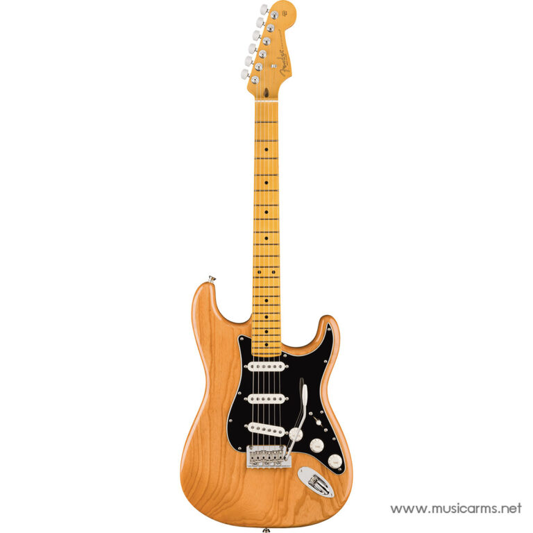 Natural-finish electric guitar (Fender Stratocaster-style) with maple neck, black pickguard, and three single-coil pickups on a white background ขายราคาพิเศษ