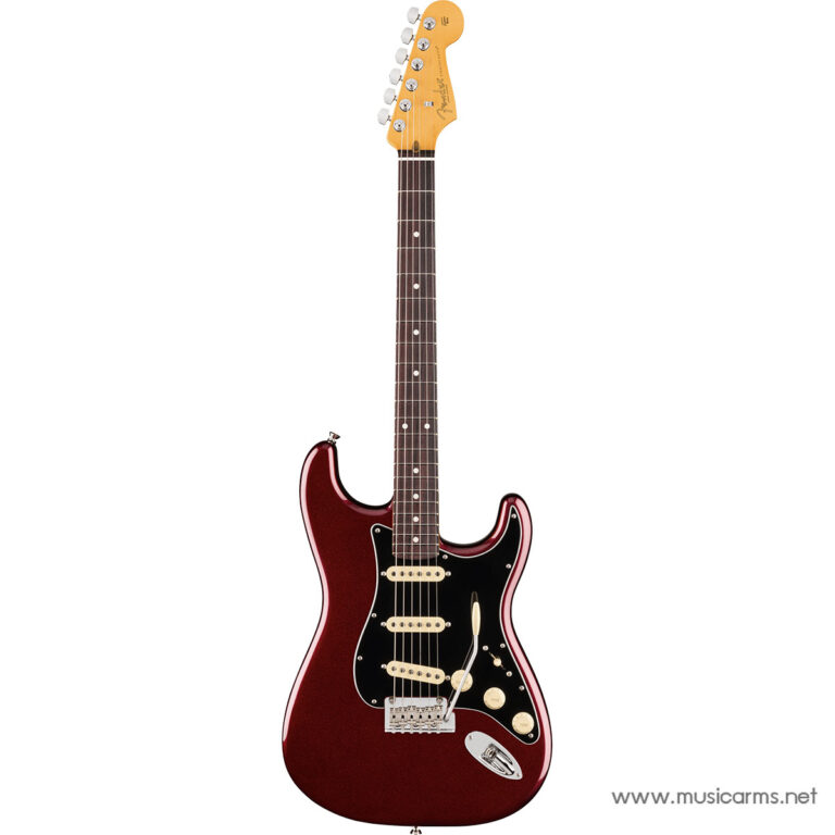 Red Fender Stratocaster-style electric guitar with a black pickguard on a white background. ขายราคาพิเศษ