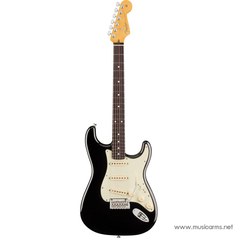 Black Fender Stratocaster-style electric guitar with a white pickguard, three single-coil pickups, and a maple neck. ขายราคาพิเศษ