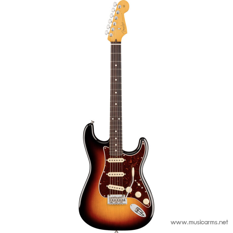 Sunburst Fender Stratocaster electric guitar with three single-coil pickups and tortoiseshell pickguard on a white background. ขายราคาพิเศษ