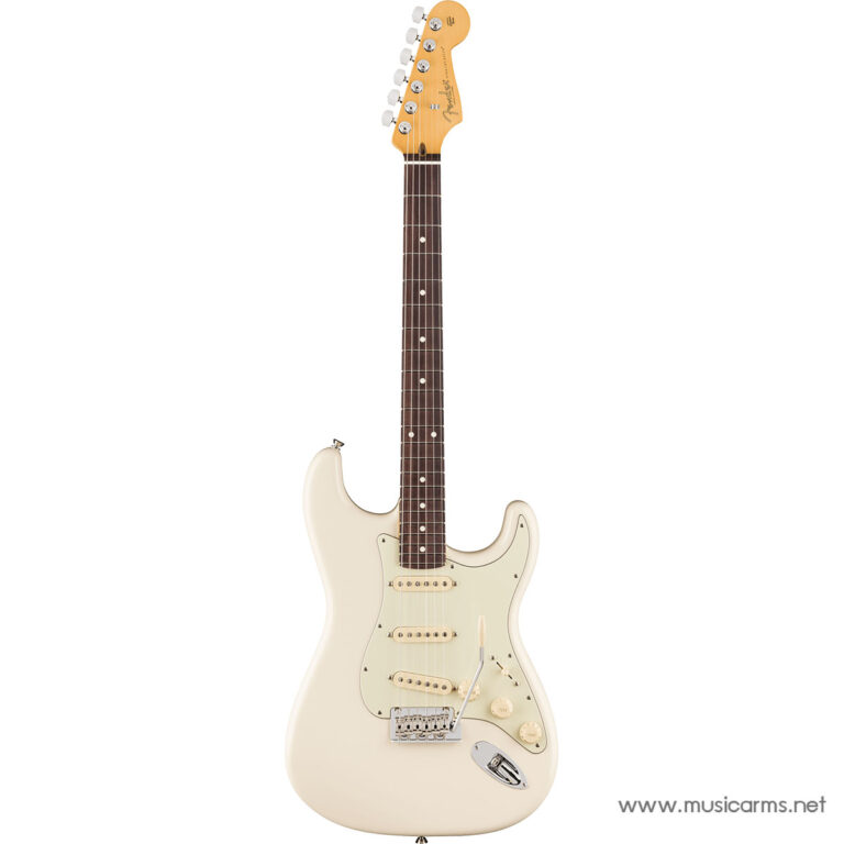 Cream Fender Stratocaster electric guitar with white pickguard and three single-coil pickups displayed upright on a white background. ขายราคาพิเศษ