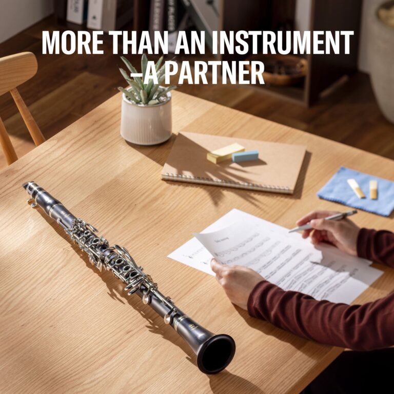 Flute lying on a wooden table with papers, a notebook, sticky notes, and a person writing; plant and shelves in background. (The image includes the text 'MORE THAN AN INSTRUMENT — A PARTNER' as a banner.) ขายราคาพิเศษ