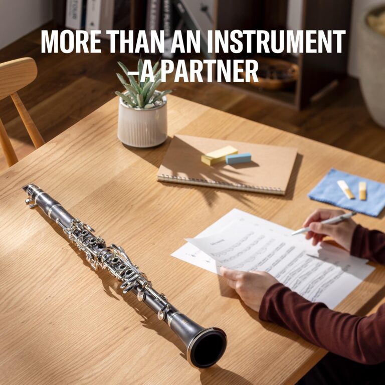 Desk scene with a flute, notebook, sticky notes, and a person writing on sheet music beneath a bold banner that reads 'More than an instrument — a partner' ขายราคาพิเศษ