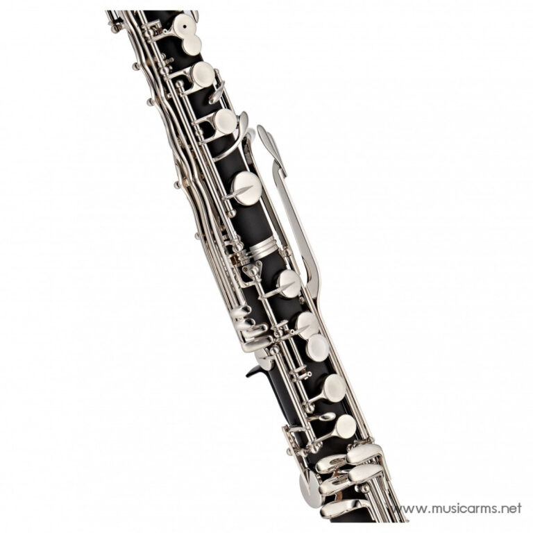 Close-up of a silver saxophone neck with key mechanisms against a white background, angled diagonally down the image. ขายราคาพิเศษ
