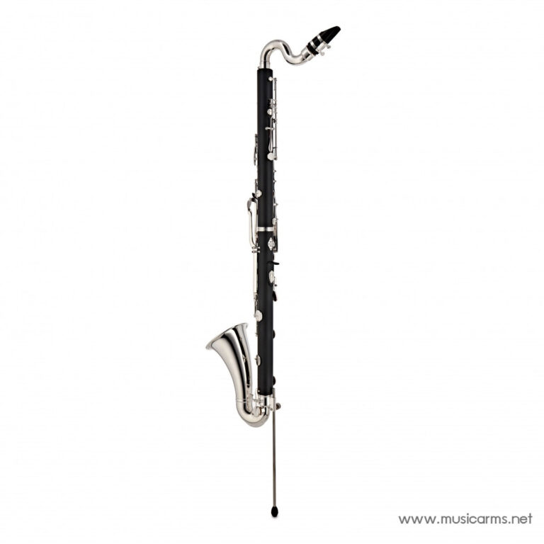 Full-length black clarinet with silver keys and curved neck, standing vertically against a white background. ขายราคาพิเศษ