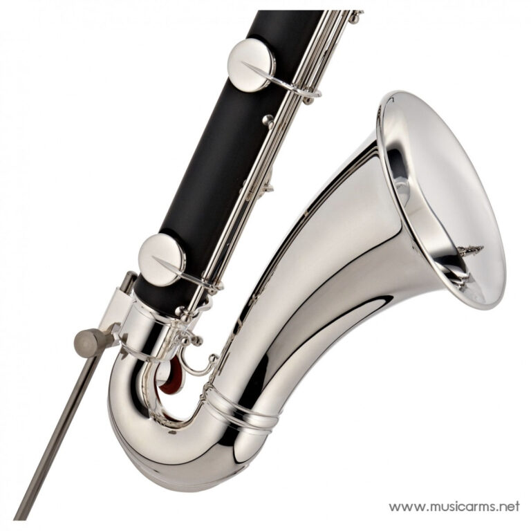 Close-up of a polished silver saxophone bell and lower neck, with visible keys, on a white background. ขายราคาพิเศษ