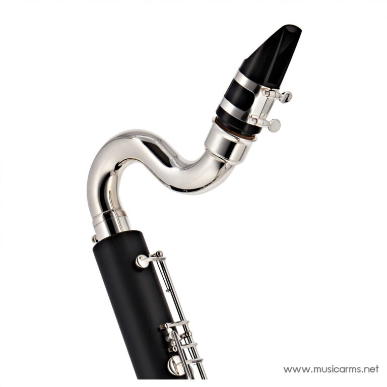 Close-up of a silver saxophone neck with a black mouthpiece and ligature against a white background ขายราคาพิเศษ