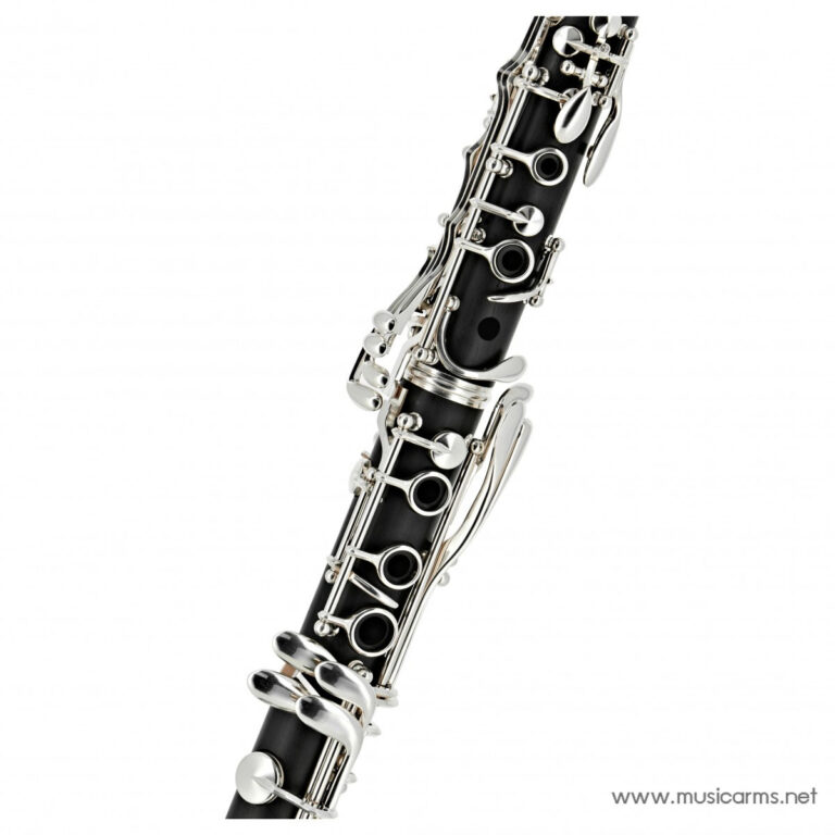 Close-up of a black clarinet with silver keys and rods showing intricate keywork ขายราคาพิเศษ