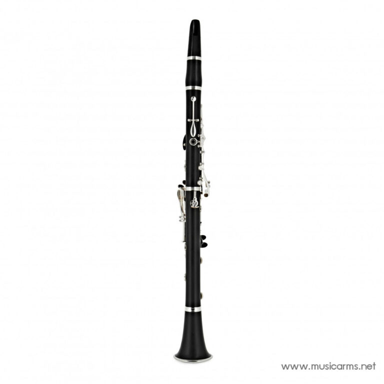 Black clarinet standing upright against a white studio background with silver keys visible ขายราคาพิเศษ
