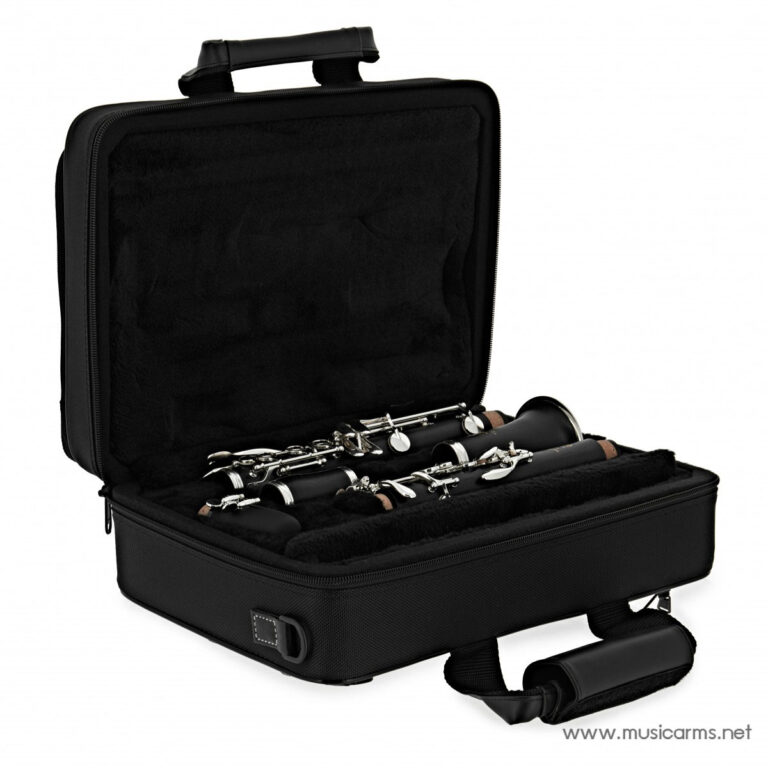 Open black instrument case with a disassembled clarinet inside, showing silver keys and black body pieces. ขายราคาพิเศษ