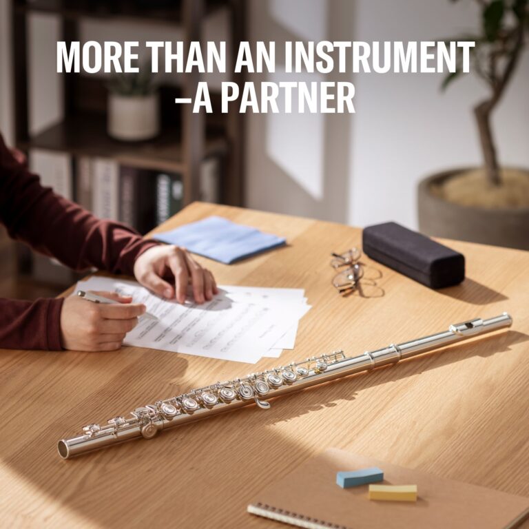 Silver flute resting on a wooden desk with papers, a pencil binder ring, and small sticky notes nearby; a person writes in the background. ขายราคาพิเศษ