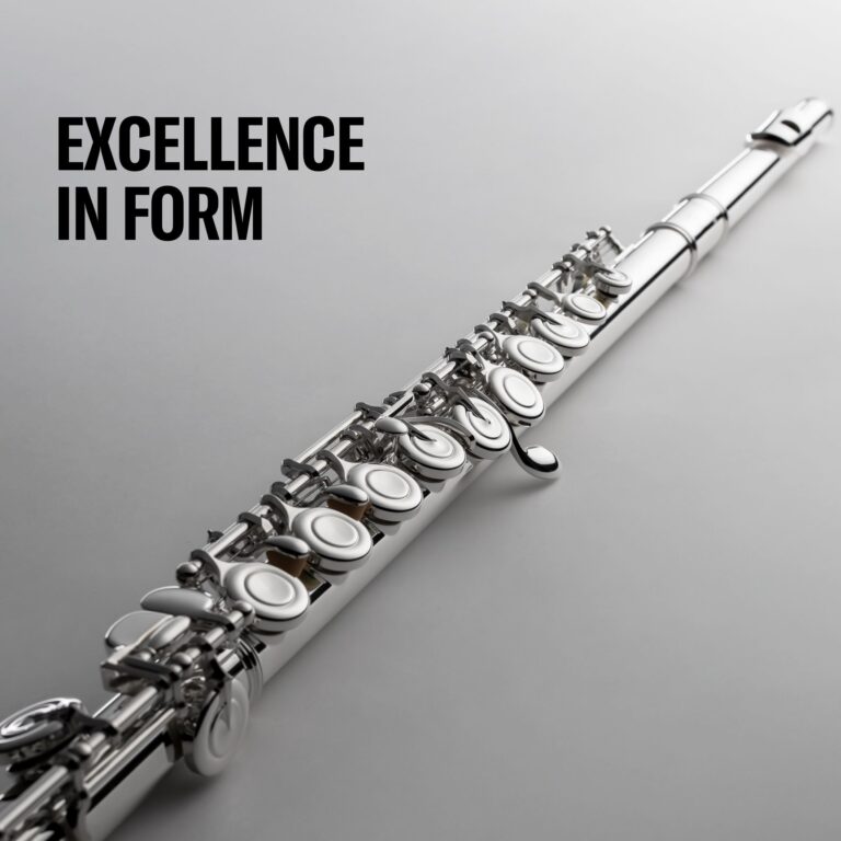 Diagonal close-up of a silver flute with keys on a gray background; bold text 'EXCELLENCE IN FORM' on the left. ขายราคาพิเศษ