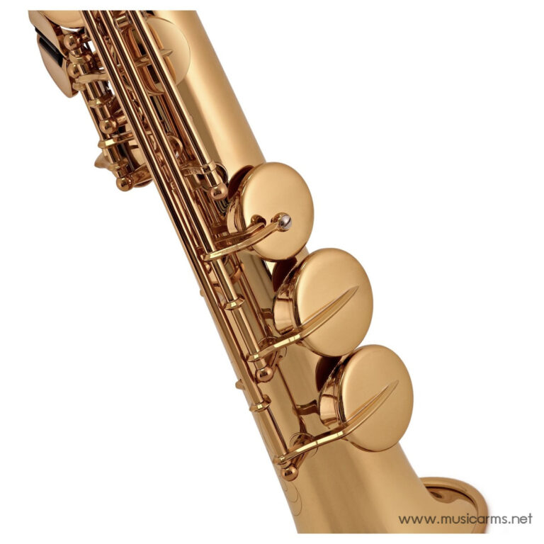 Close-up of a shiny gold saxophone showing round keys and intricate keywork ขายราคาพิเศษ