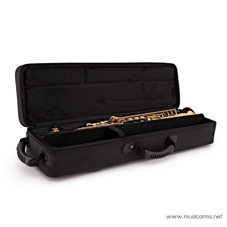 Gold saxophone in an open black hard-shell case with plush lining, ready for transport ขายราคาพิเศษ