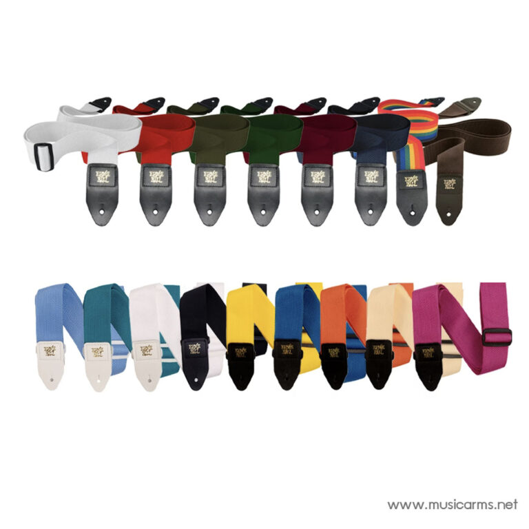 Two rows of colorful fabric guitar straps with leather ends and metal logo plaques, shown on a white background. ขายราคาพิเศษ