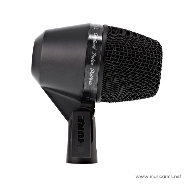 Close-up of a black studio microphone mounted on a stand against a white background, showing the mesh grille and solid housing. ขายราคาพิเศษ