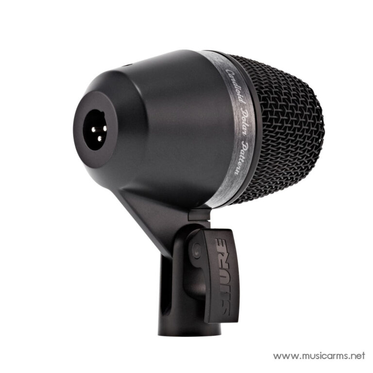 Black studio microphone mounted on a stand, angled slightly to the left, with a metal grille. ขายราคาพิเศษ