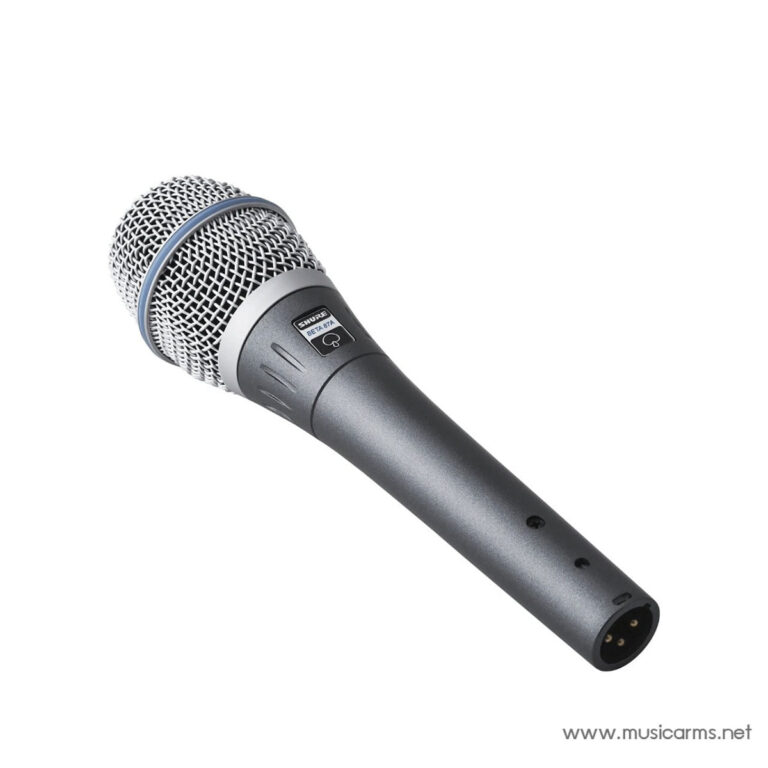 Close-up of a gray handheld microphone with a metal mesh grille and an XLR output at the bottom. ขายราคาพิเศษ