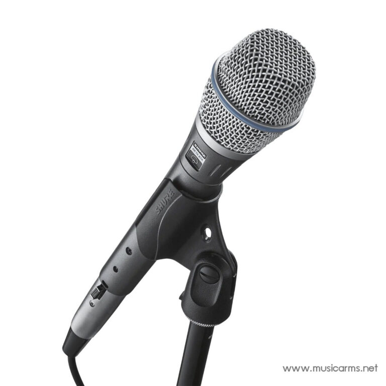Dynamic handheld microphone mounted on a stand with clip and cable, ready for recording ขายราคาพิเศษ