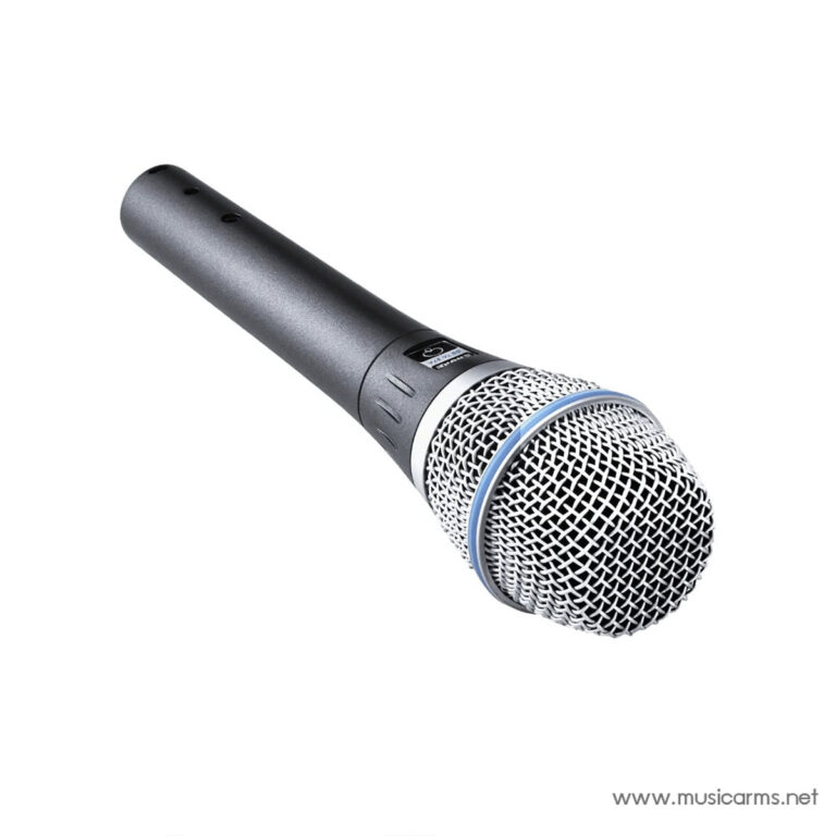 Handheld dynamic microphone with a black body and metal grille underside viewed at an angle ขายราคาพิเศษ