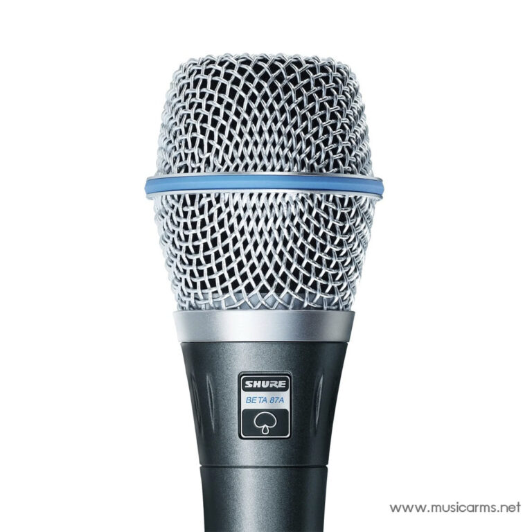 Close-up of a Shure Beta 87A vocal microphone with a metal grille and blue ring around the head. ขายราคาพิเศษ