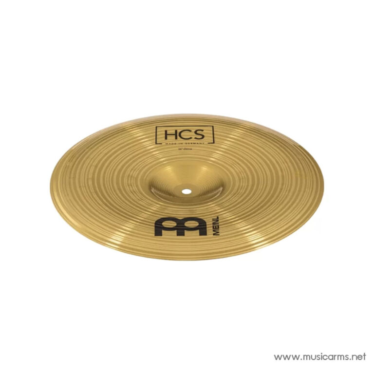 Gold-colored drum cymbal with concentric grooves and a central hole, branded HCS (Made in Germany). It appears on a white background. ขายราคาพิเศษ