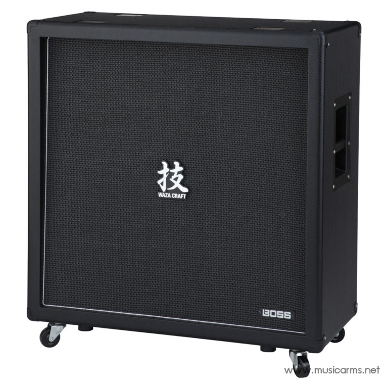 Black guitar amplifier cabinet on caster wheels with a perforated grille, showing the Boss Waza Craft logo. ขายราคาพิเศษ