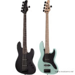 Two electric bass guitars standing side by side: black bass on the left and seafoam green bass on the right with black pickguards. ลดราคาพิเศษ