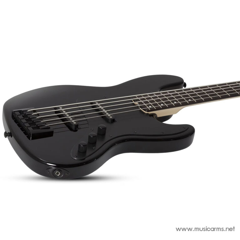Black electric bass guitar with four strings and control knobs on a contoured body, shown from side angle on white background ขายราคาพิเศษ