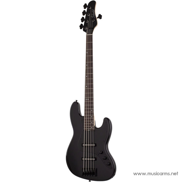 Black 5-string electric bass guitar with two pickups and control knobs on a solid body against a white background ขายราคาพิเศษ