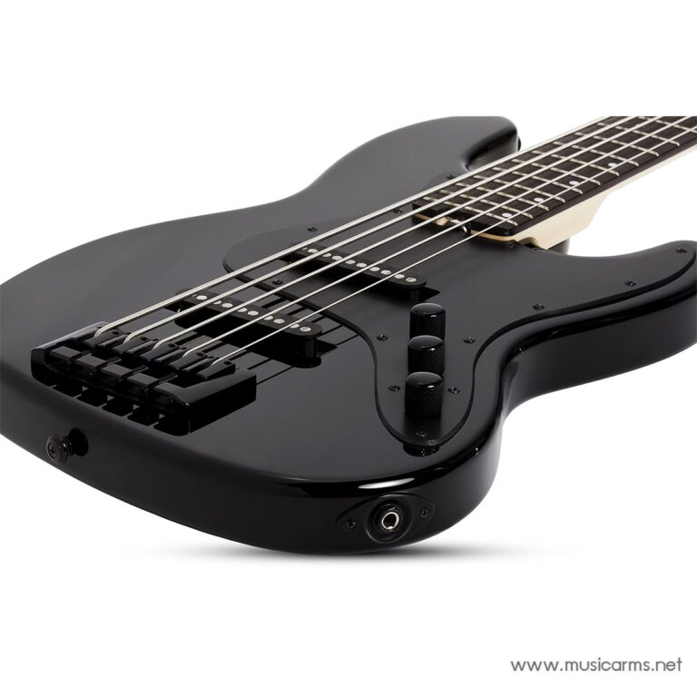 Close-up of a glossy black bass guitar body with four strings, two pickups, and three control knobs, showing a sleek design. ขายราคาพิเศษ
